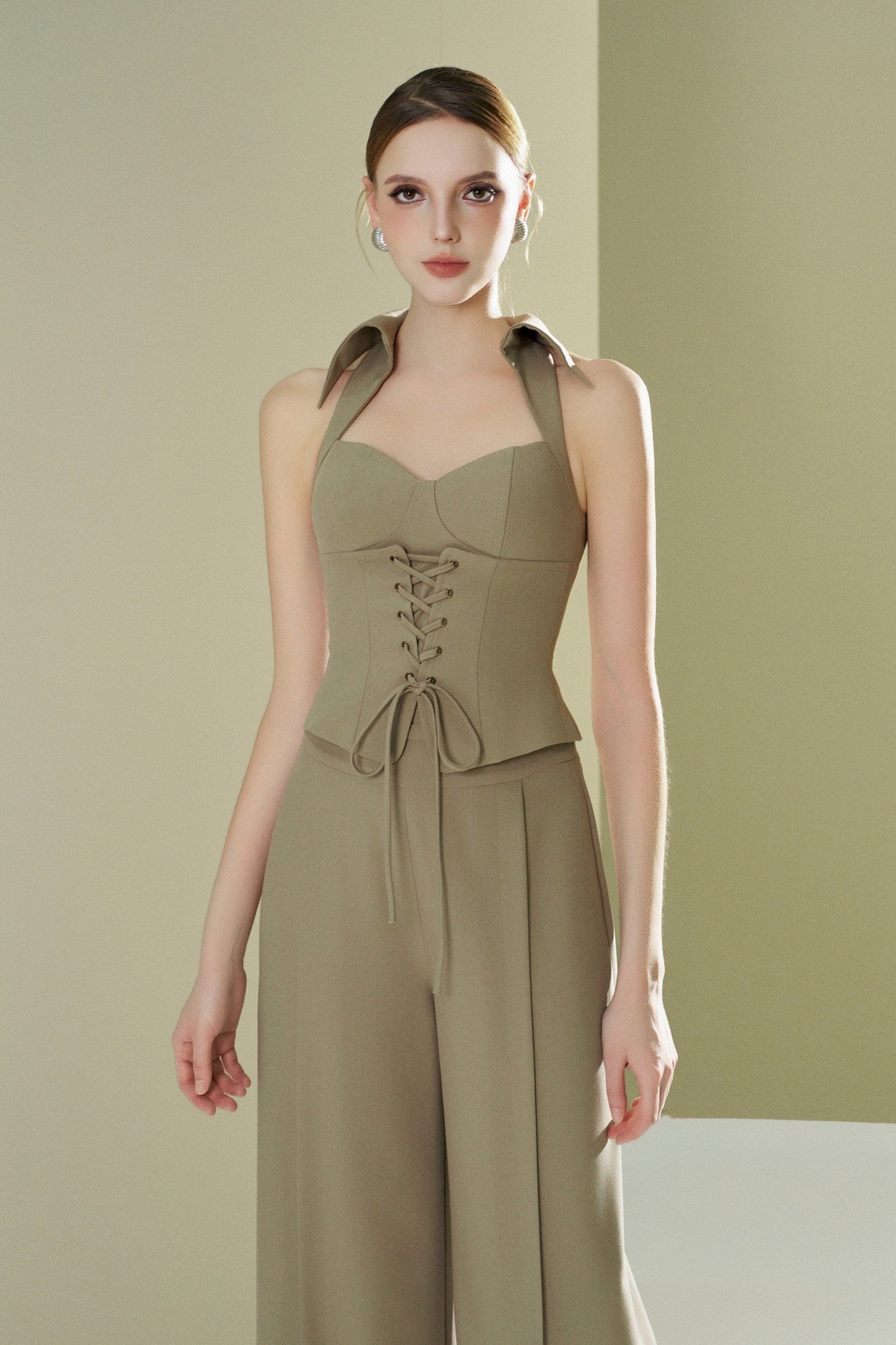 Khaki gilet with knit waist