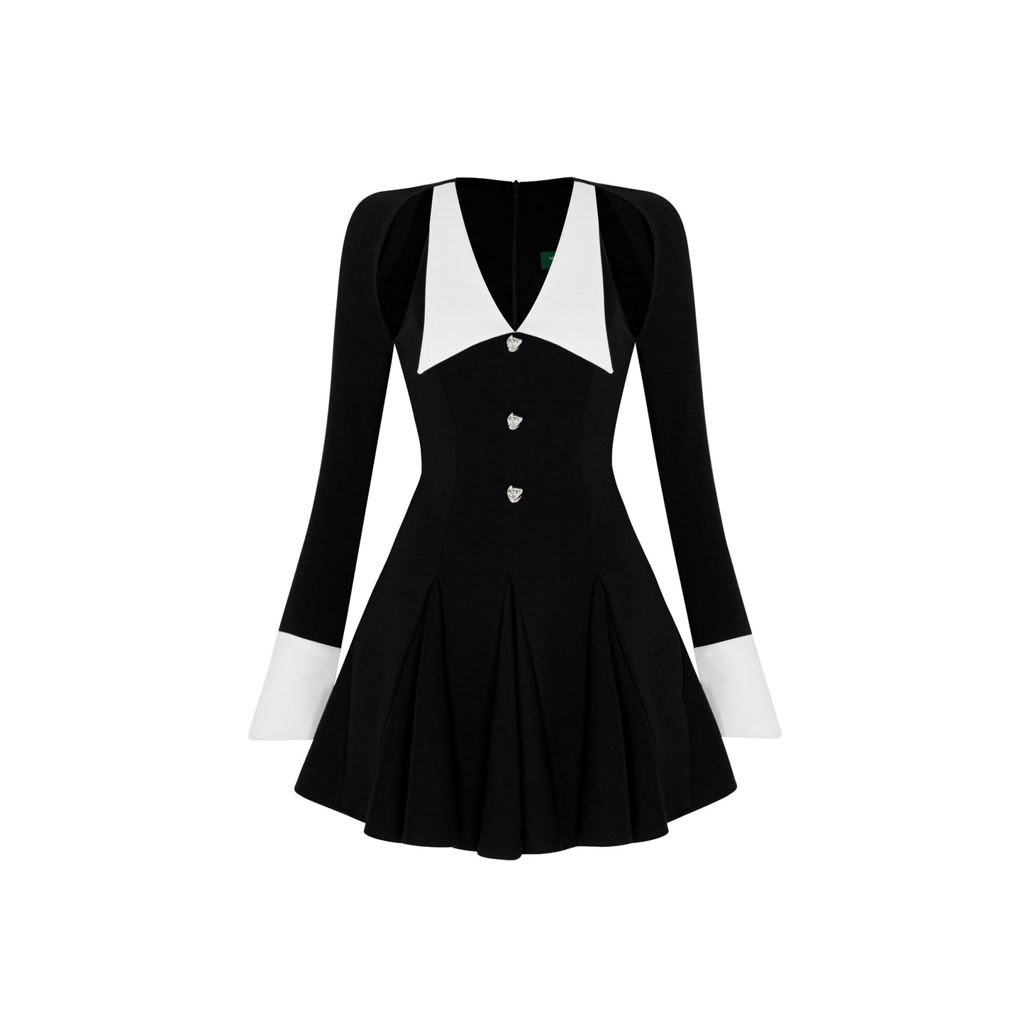 Black dress with white collar and leaf shape