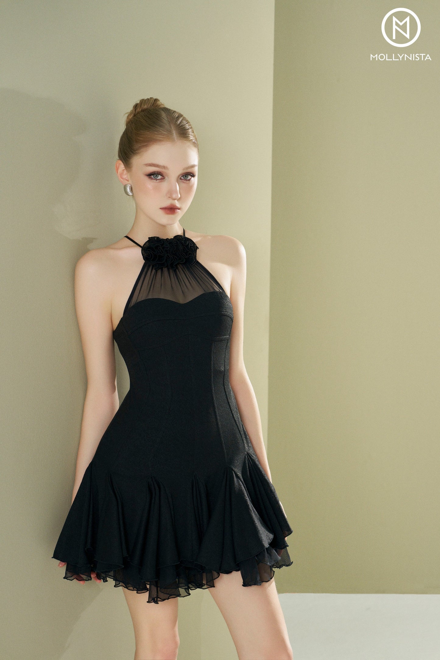 Ruffles dress with floral neckline