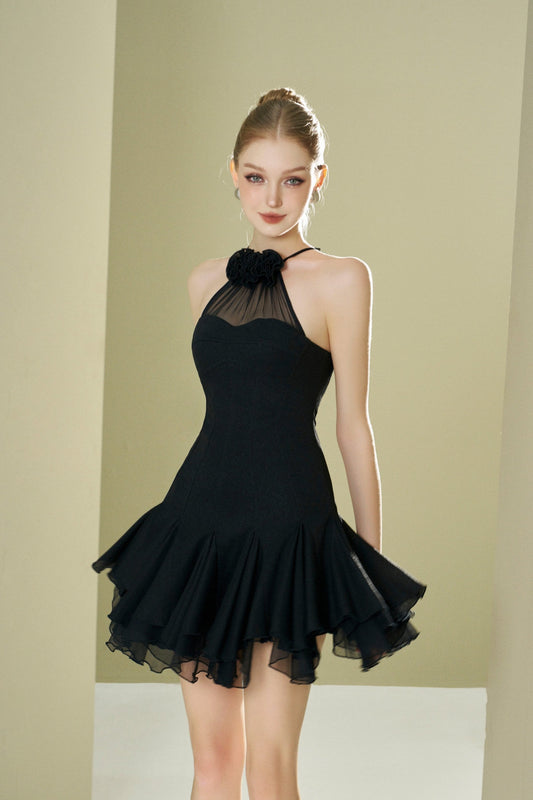 Ruffles dress with floral neckline