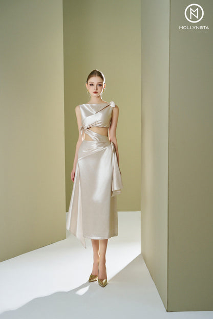 Satin dress with cut-out and bowtie