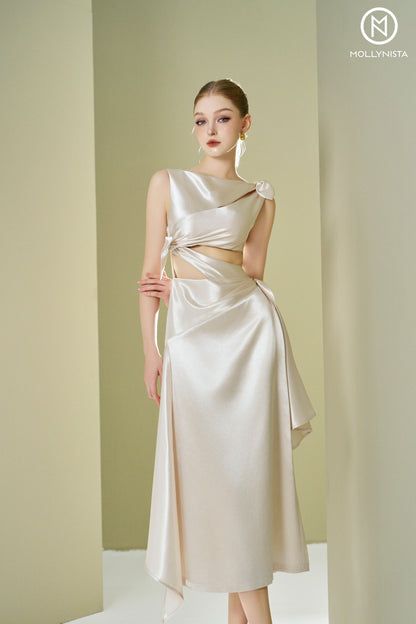 Satin dress with cut-out and bowtie
