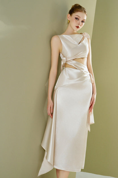 Satin dress with cut-out and bowtie