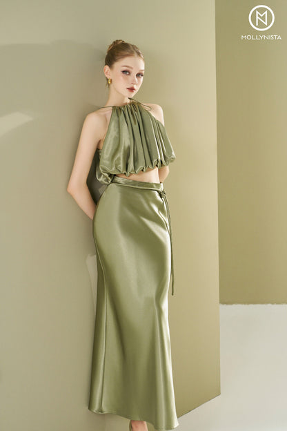 Satin long skirt with belt