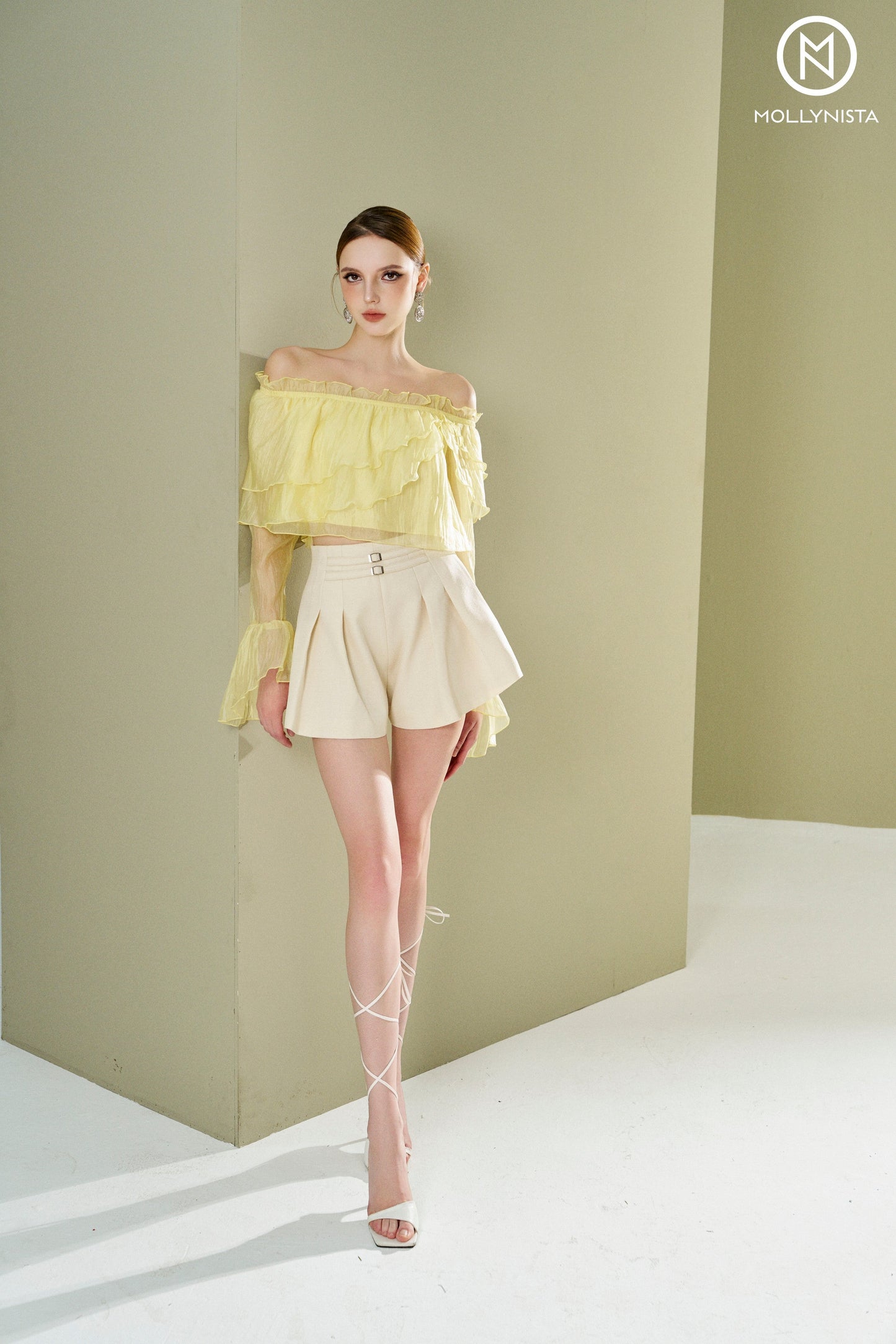 Satin shirt with flat shoulders and bell sleeves
