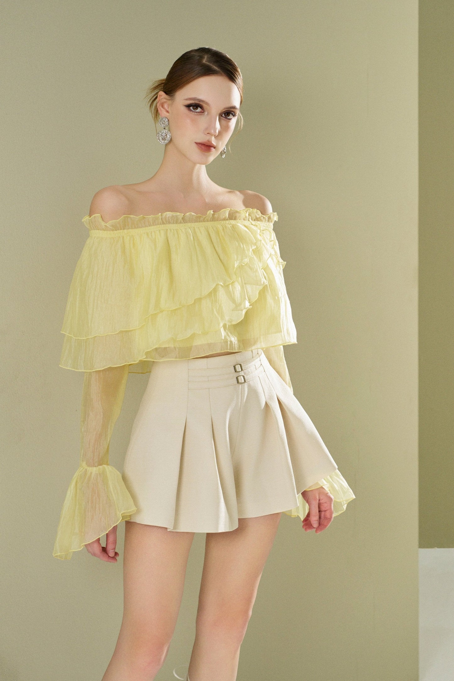 Satin shirt with flat shoulders and bell sleeves