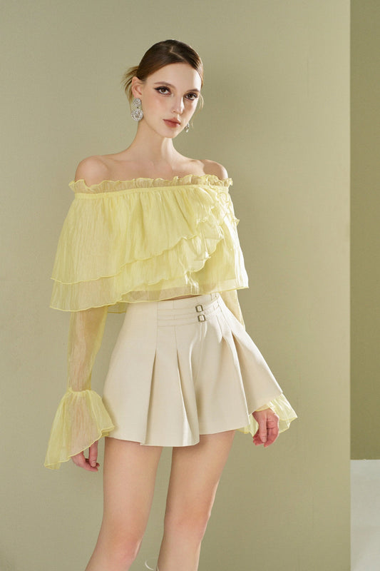 Satin shirt with flat shoulders and bell sleeves