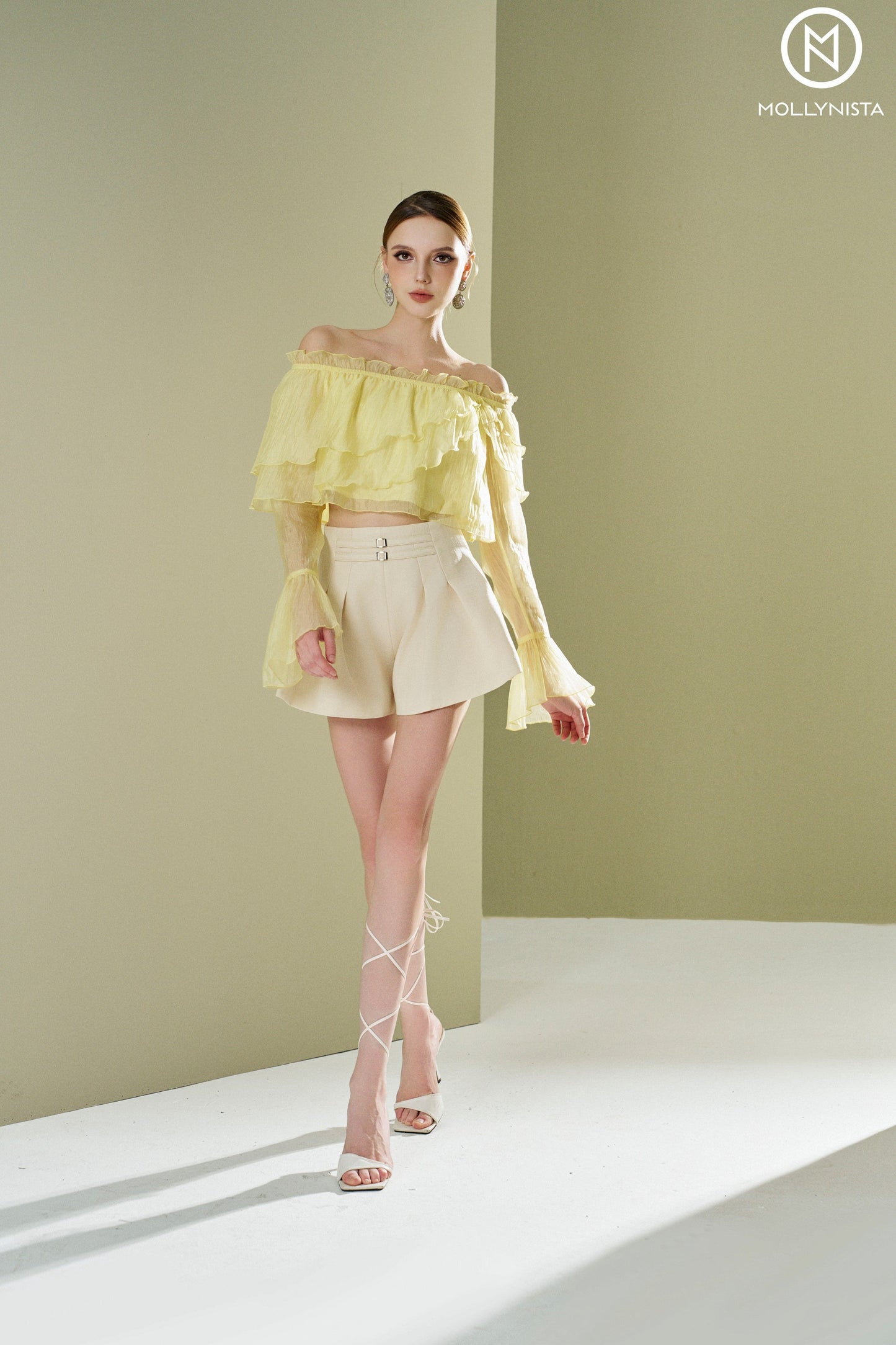 Satin shirt with flat shoulders and bell sleeves
