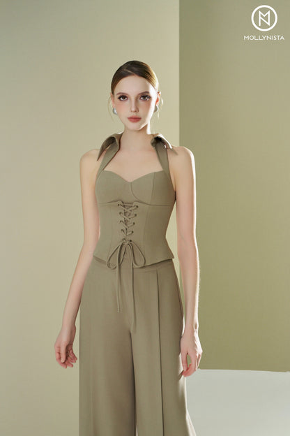 High-waisted silky khaki pants with belt