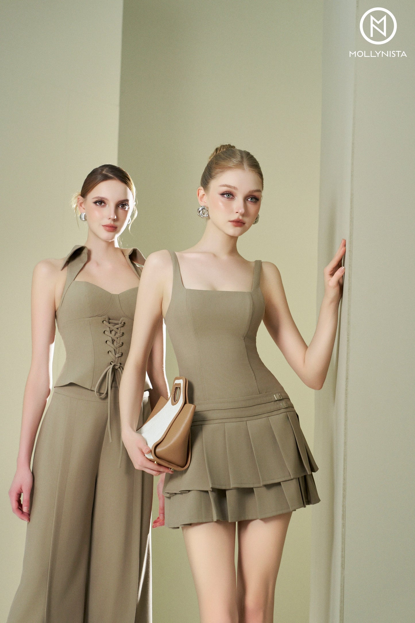 Khaki brown dress with 2 pleated belts