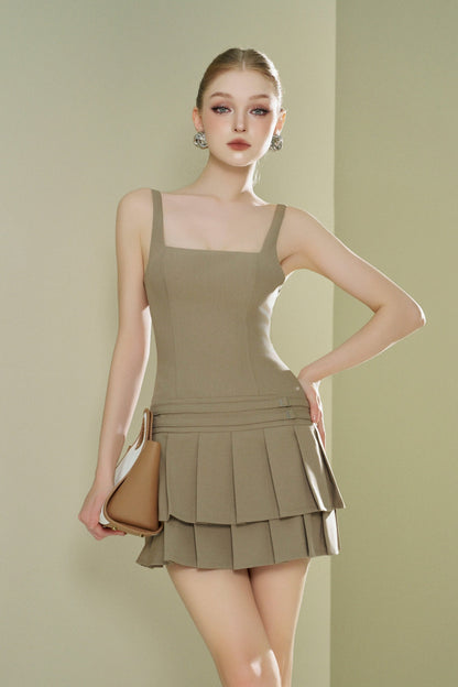 Khaki brown dress with 2 pleated belts