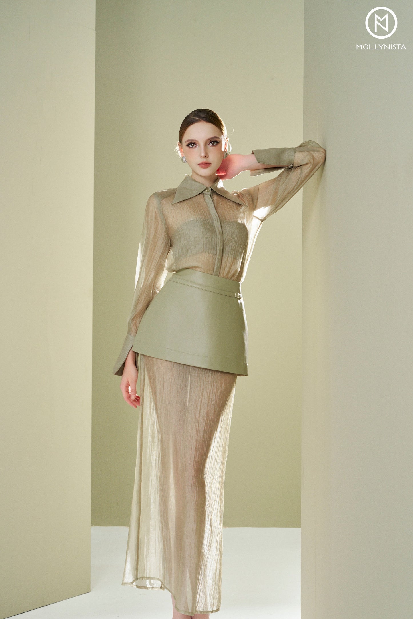 Satin skirt with faux leather