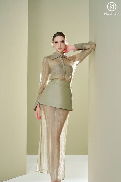 Satin skirt with faux leather