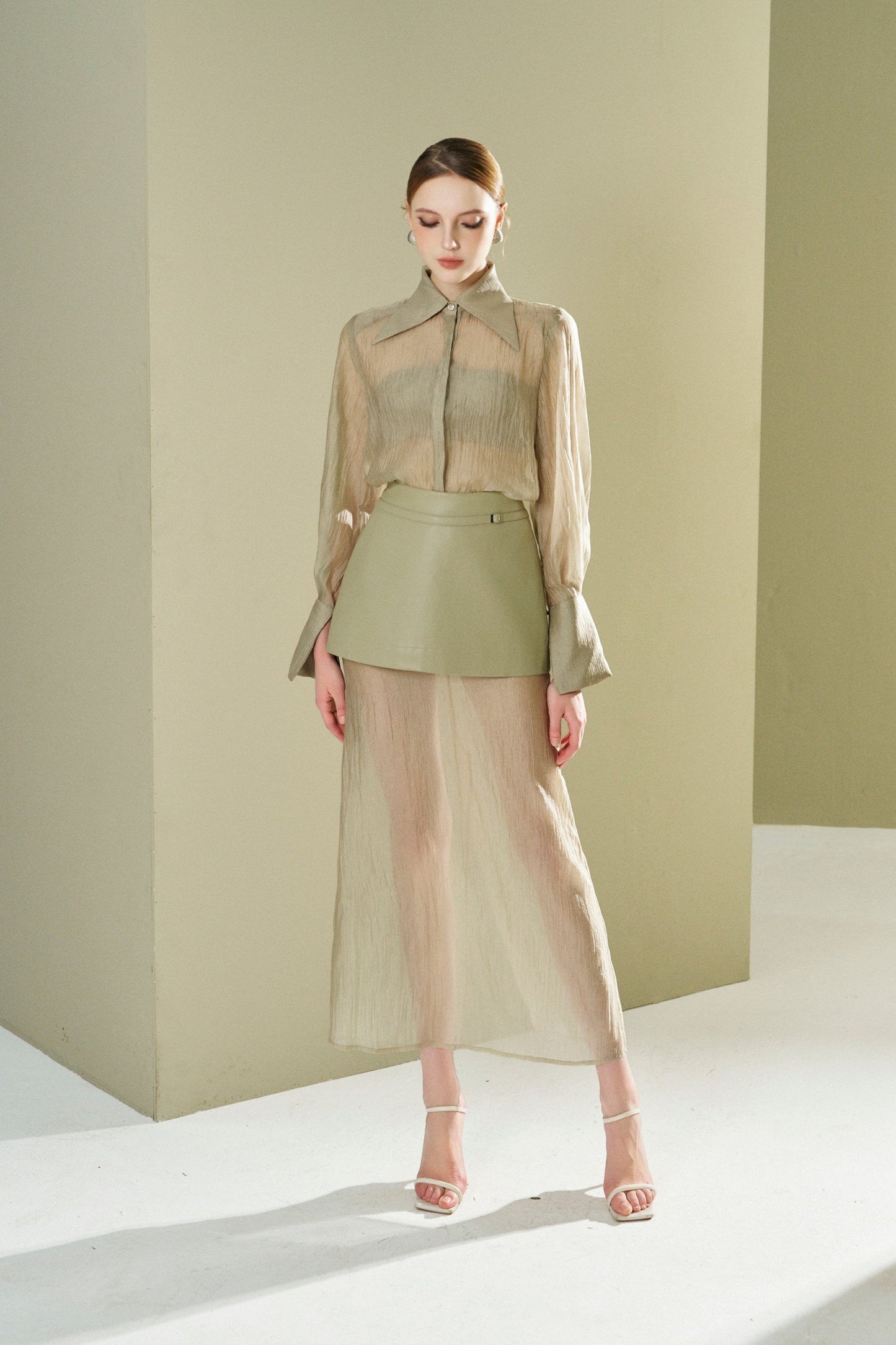 Satin skirt with faux leather