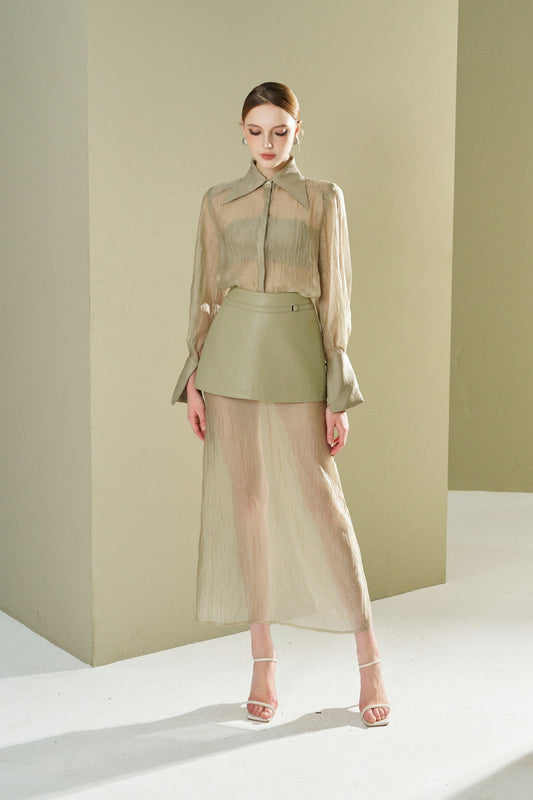Satin skirt with faux leather