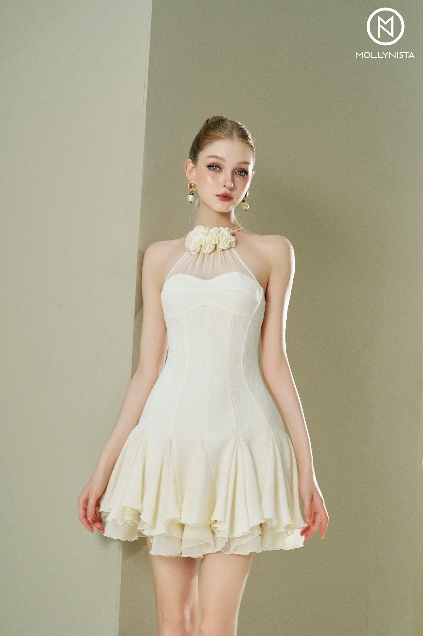 Ruffles dress with floral neckline