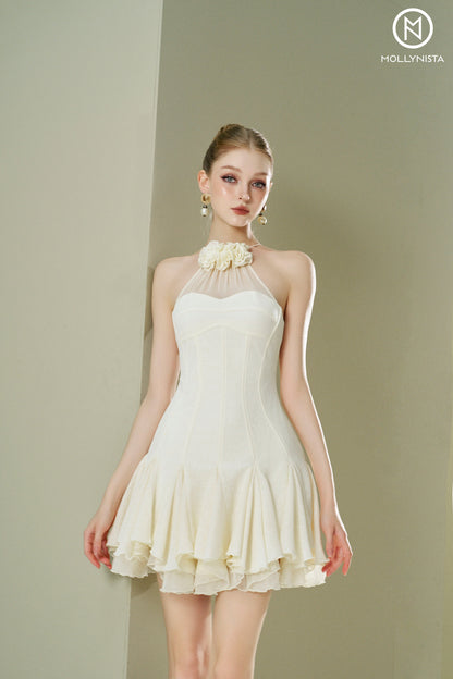 Ruffles dress with floral neckline