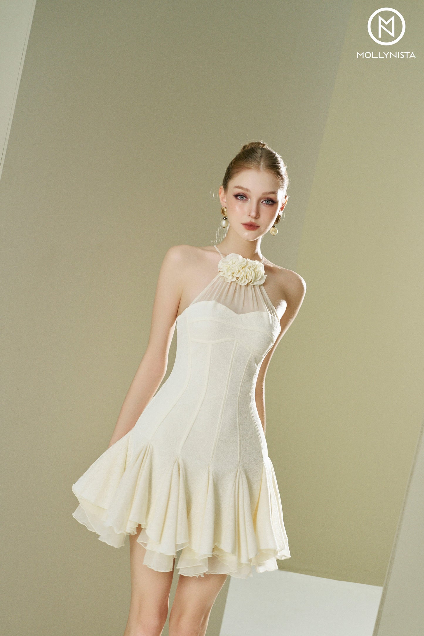 Ruffles dress with floral neckline