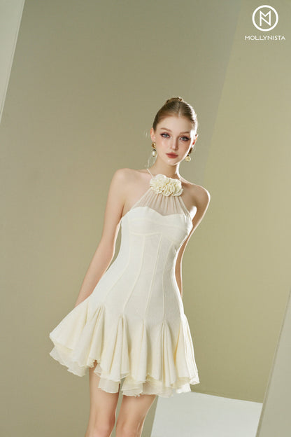 Ruffles dress with floral neckline