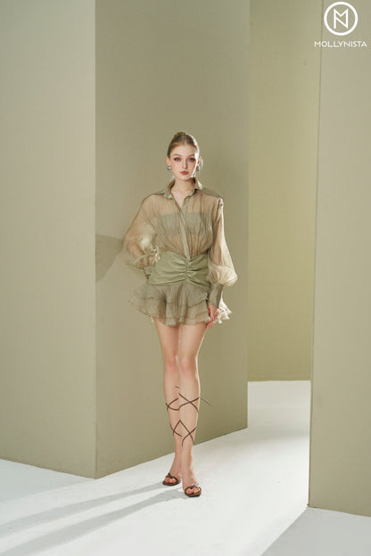 Organza long skirt with faux leather