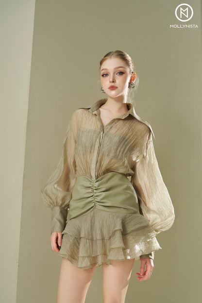 Organza long skirt with faux leather