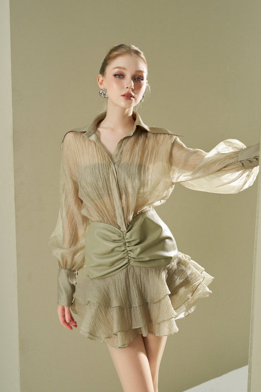 Organza long skirt with faux leather
