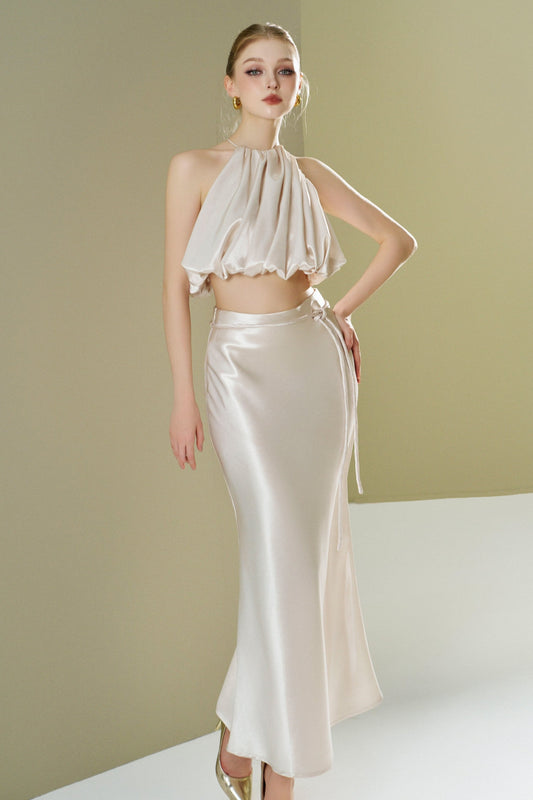 Satin long skirt with belt