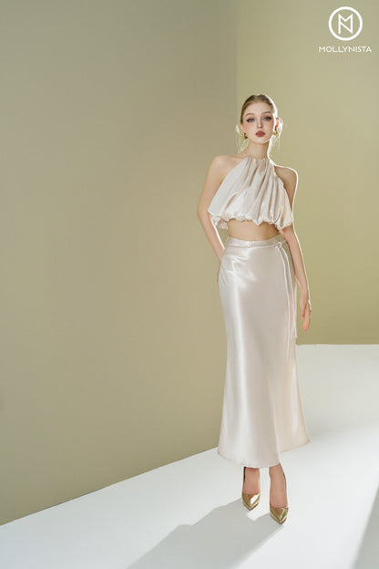 Satin long skirt with belt