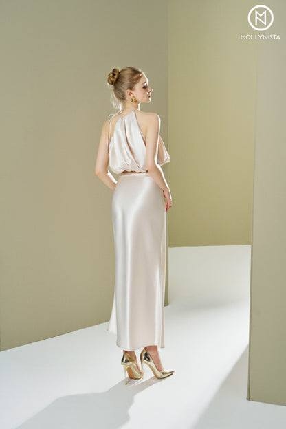 Satin long skirt with belt